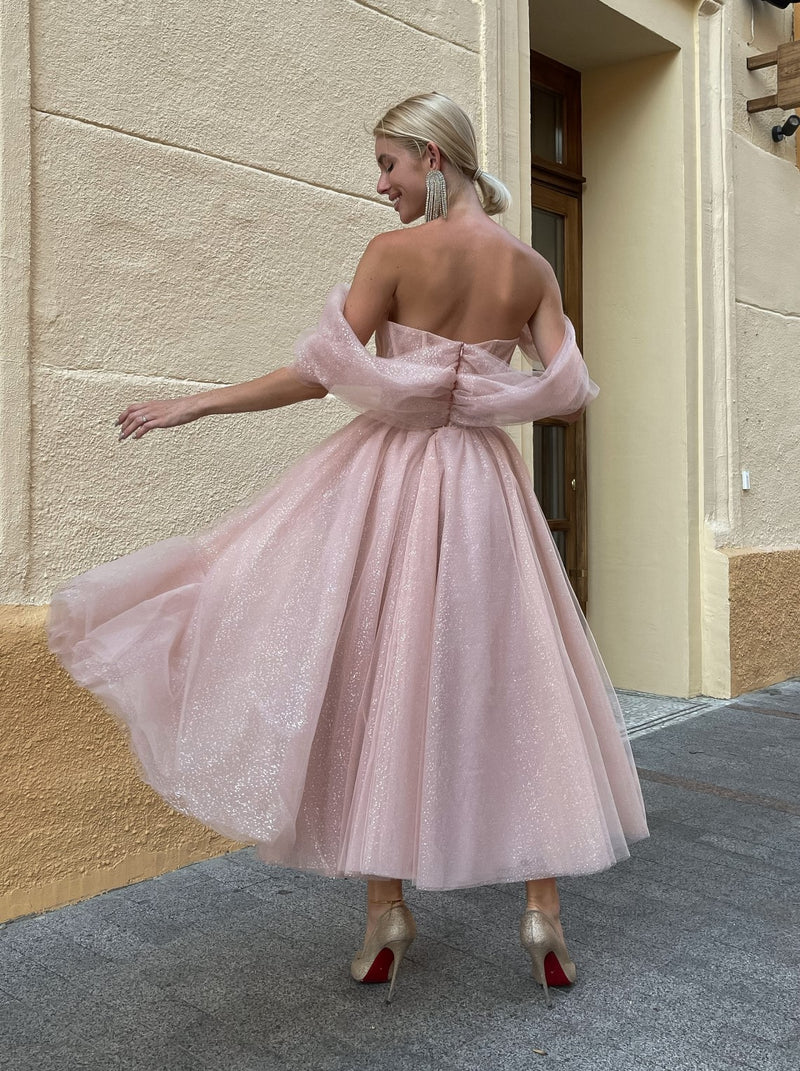 blush off the shoulder midi dress Sneak Peek One Shoulder Chiffon Midi Dress - Blush