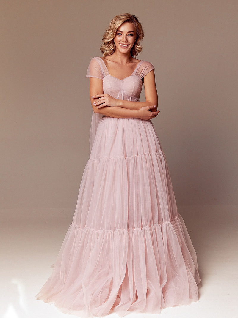 Tie shoulder tulle evening dress with pleated corset