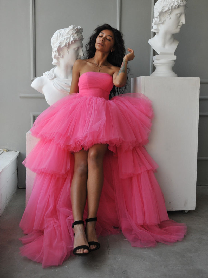 pink high low tulle dress High Low Beaded Hot Pink Tulle Long Prom Dress Party Dress TP1111 US4 / Hot Pink