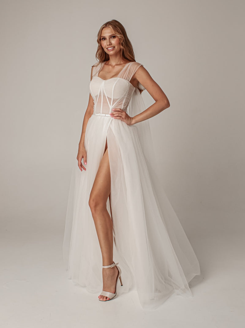 Lace up tulle wedding dress with cap sleeve