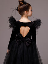 Full sleeve black velvet flower girl dress