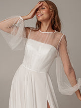 Chiffon wedding dress with beaded full sleeve