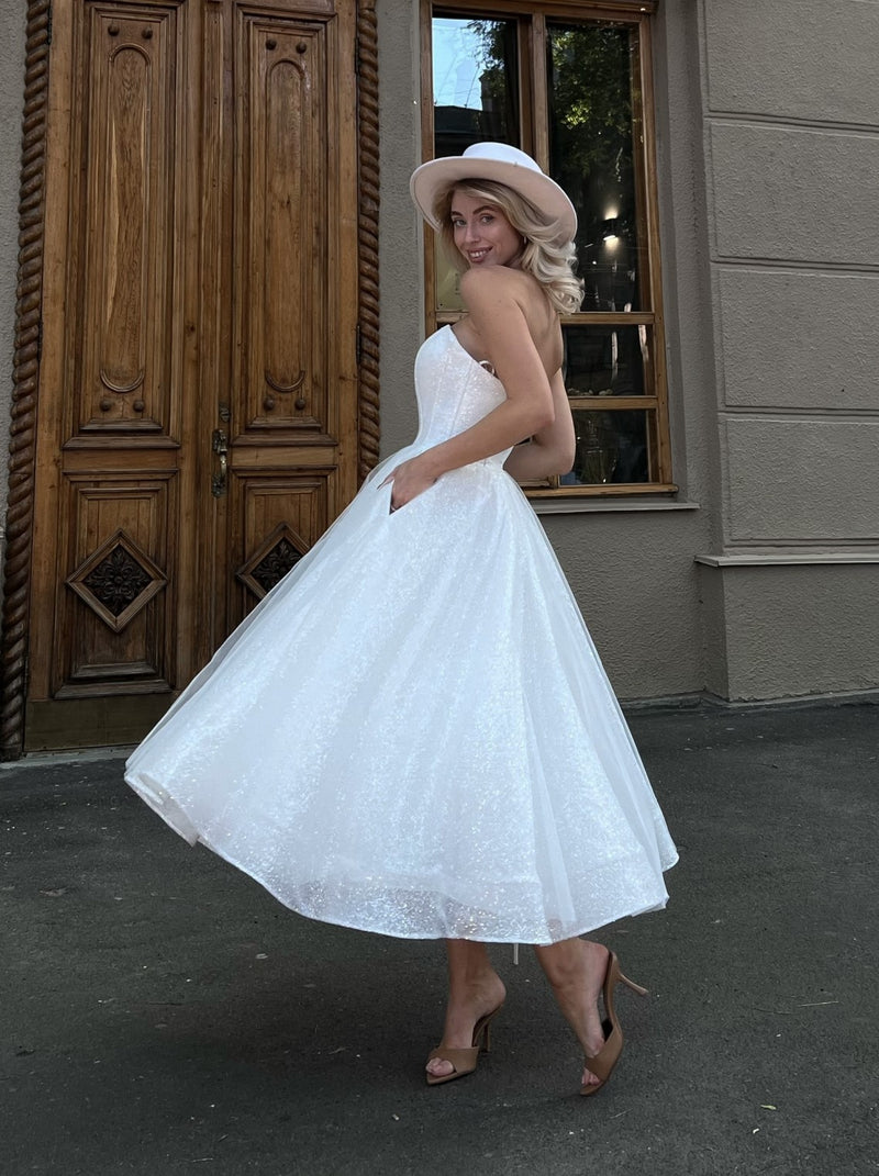 1950s inspired tea length sparkle wedding dress La Novale Atelier 1950s inspired tea length sparkle wedding dress La Novale Atelier