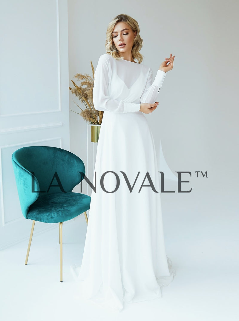 Simple chiffon wedding dress set with long sleeve crop top