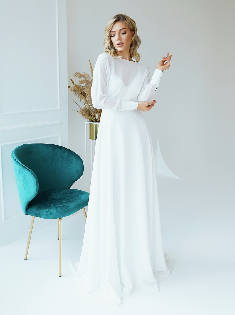 Simple chiffon wedding dress set with long sleeve crop top
