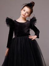 Full sleeve black velvet flower girl dress