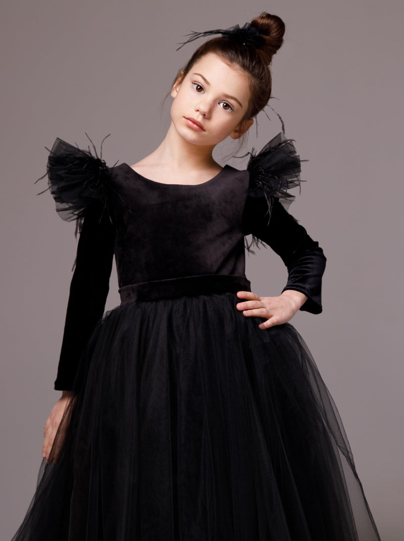 Kids Gown: Girls Black Net Gown With Shrug | Perfect Panache
