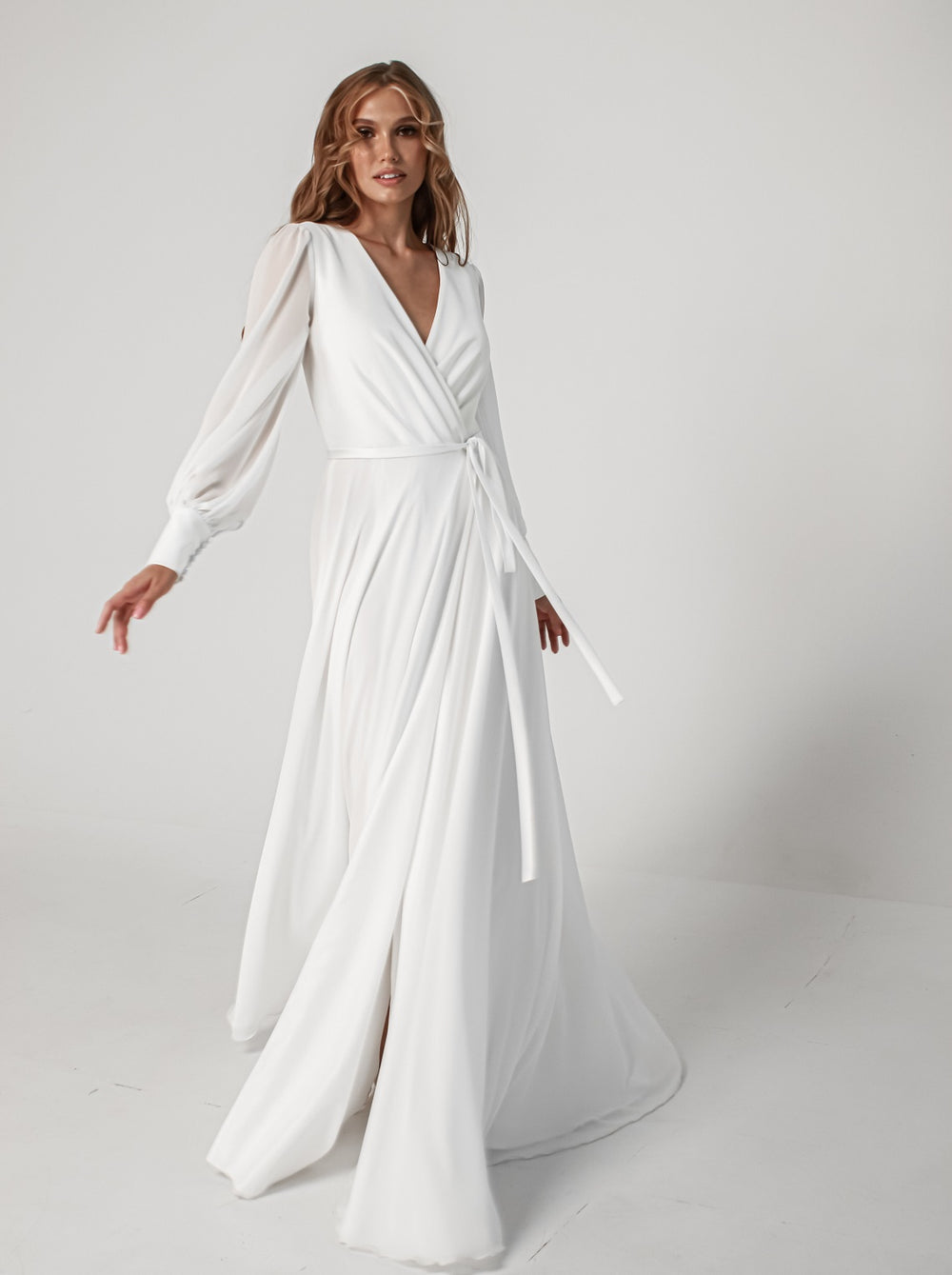 wrap wedding dress see through sleeves 8 US / Natural White and glitter tulle skirt. Wrap Wedding Dress Made