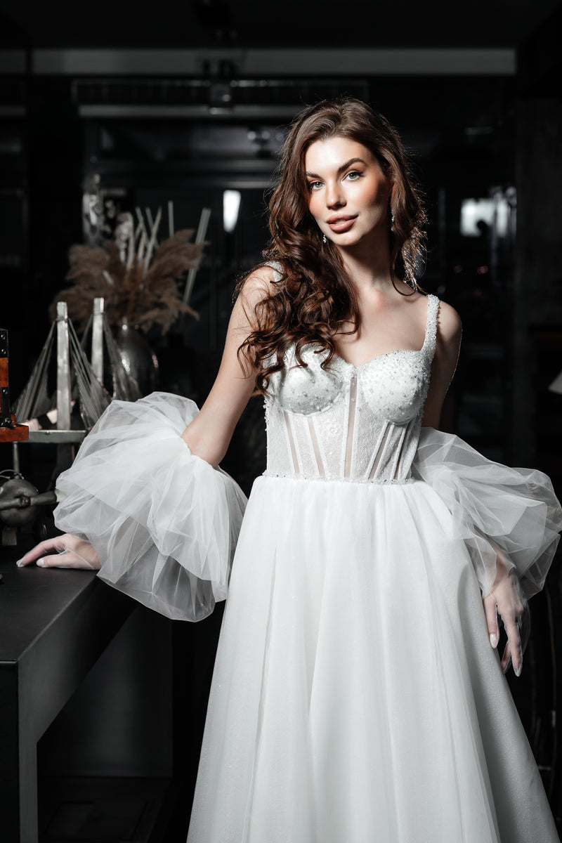 Beaded corset shimmering lace midi wedding dress